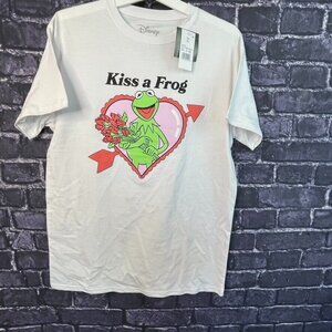 The Muppets LARGE Kermit The Frog KISS A FROG Valentine's T-shirt Heart Flowers